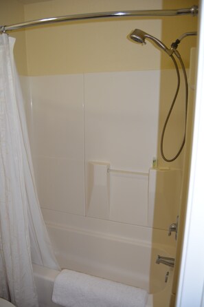Combined shower/tub, hair dryer, towels, soap