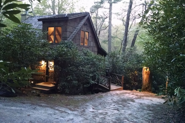 Your cozy, bark-covered cottage in the woods awaits...step inside...
