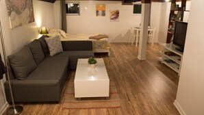 Ein modernes Wohnzimmer mit einem grauen Sofa, einem weißen Couchtisch mit Pflanze, einem Bett mit gemusterten Bettbezügen sowie einem Bücherregal mit Büchern und einem Fernseher.