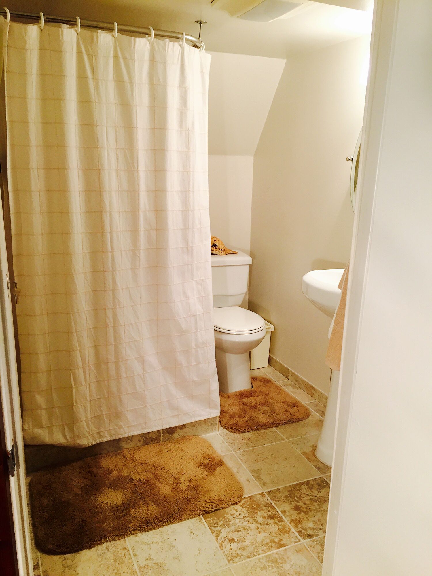A bathroom with a shower curtain, a toilet, and a sink.