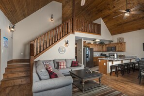 Warm, open-concept living area made for spending time together - Walk to the Slopes | Mountain Views | Sleeps 12 | Game Room | Firepit (Beech Mountain)
