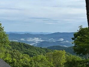 Vista de uma paisagem montanhosa com floresta densa.