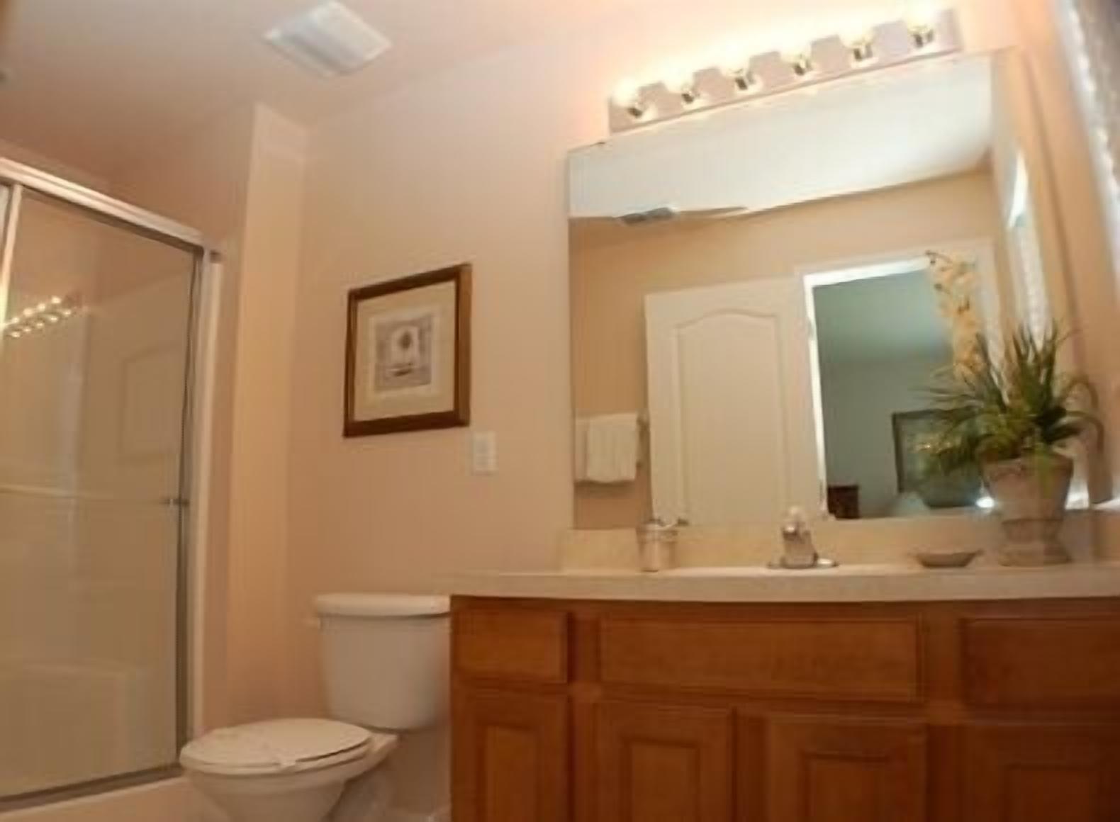 A bathroom with a toilet, a sink with a mirror, wooden cabinets, and a shower area.