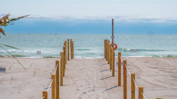 Una pasarela de madera que lleva a la playa, con un cartel de salvavidas.