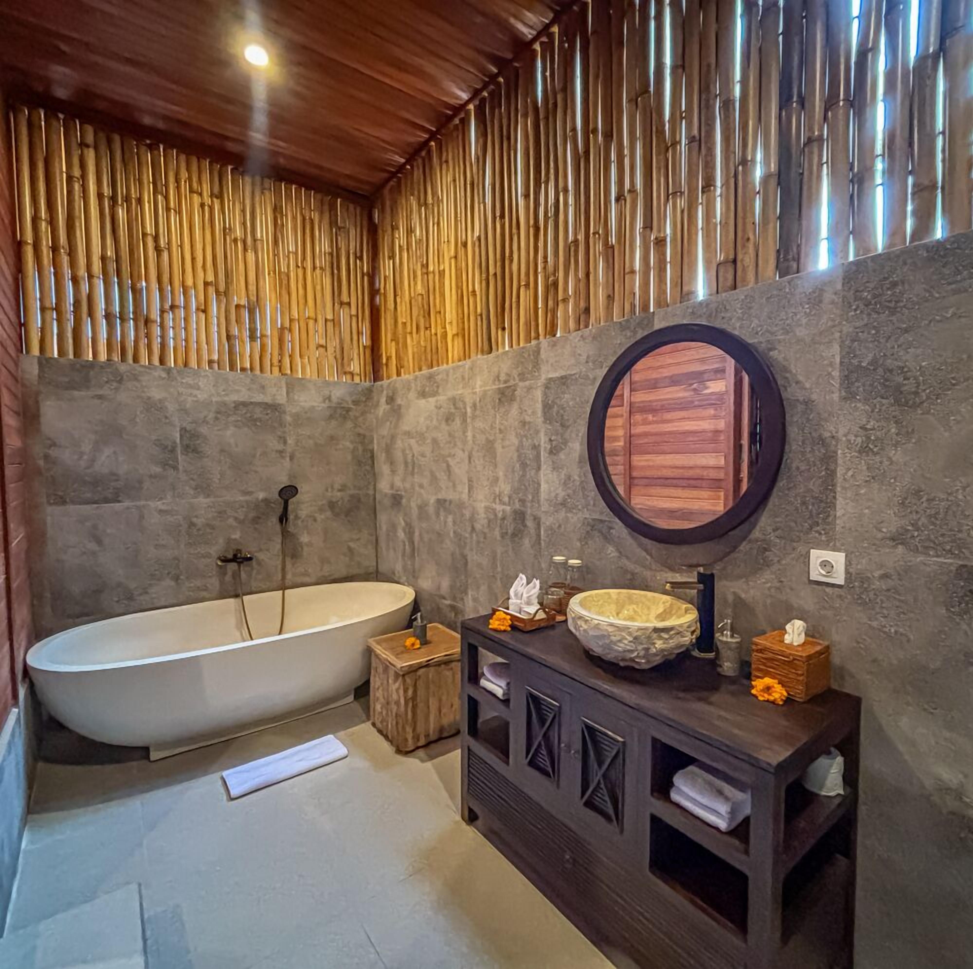 one bedroom wooden villa garden view | bathroom | free toiletries, hair dryer, bathrobes, slippers