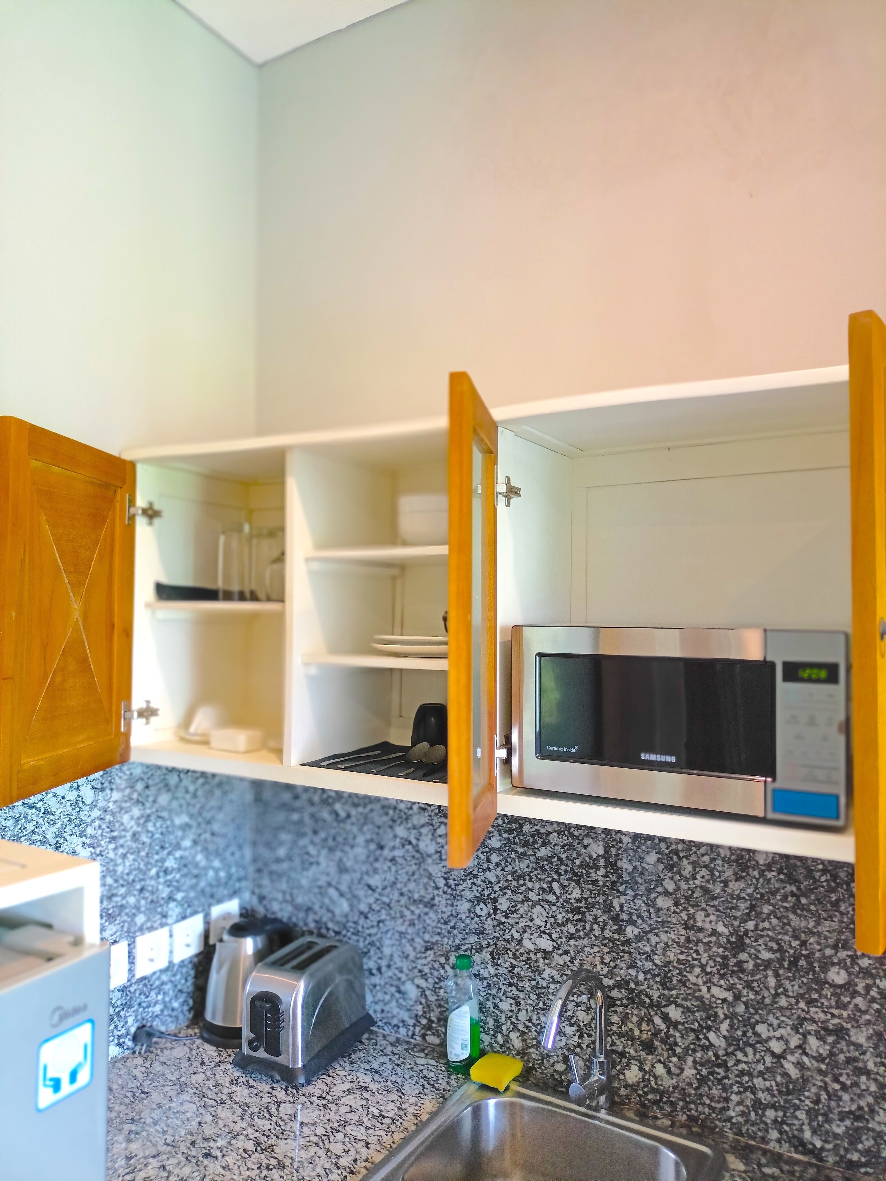 fridge, microwave, electric kettle, toaster