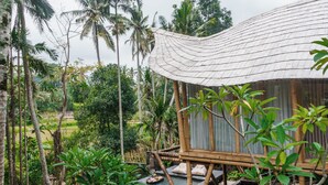 A bamboo structure with a thatched roof, surrounded by lush greenery and a small pool. - Wadari Retreat Villa Ubud (Ubud)
