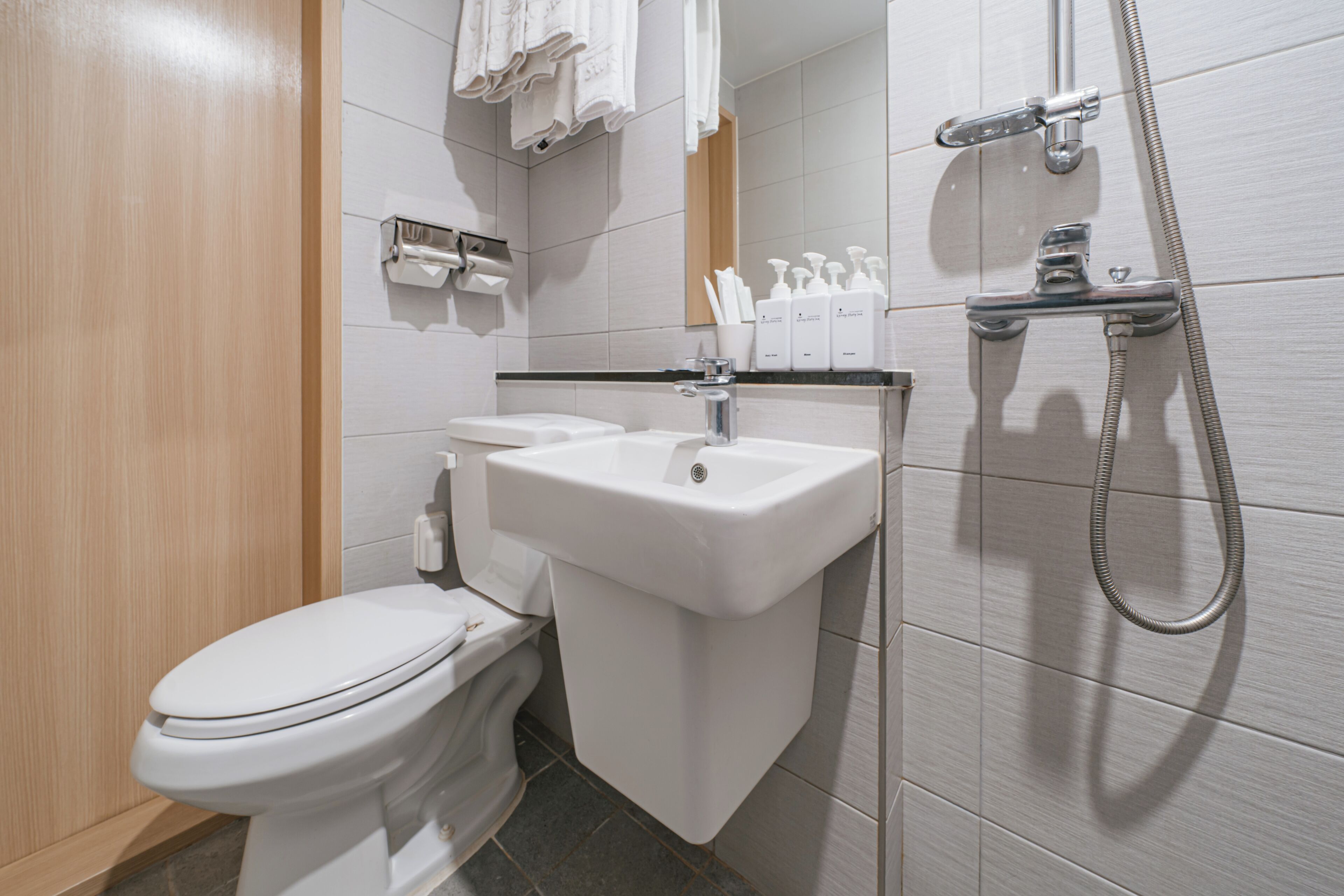 family twin city view (3 people) | bathroom | shower, hair dryer, slippers, towels