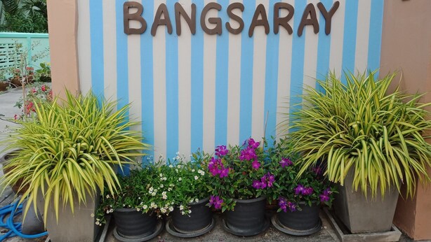 Una señal con la inscripción 'BAAN HAI BANGSARAY', rodeada de plantas en macetas.