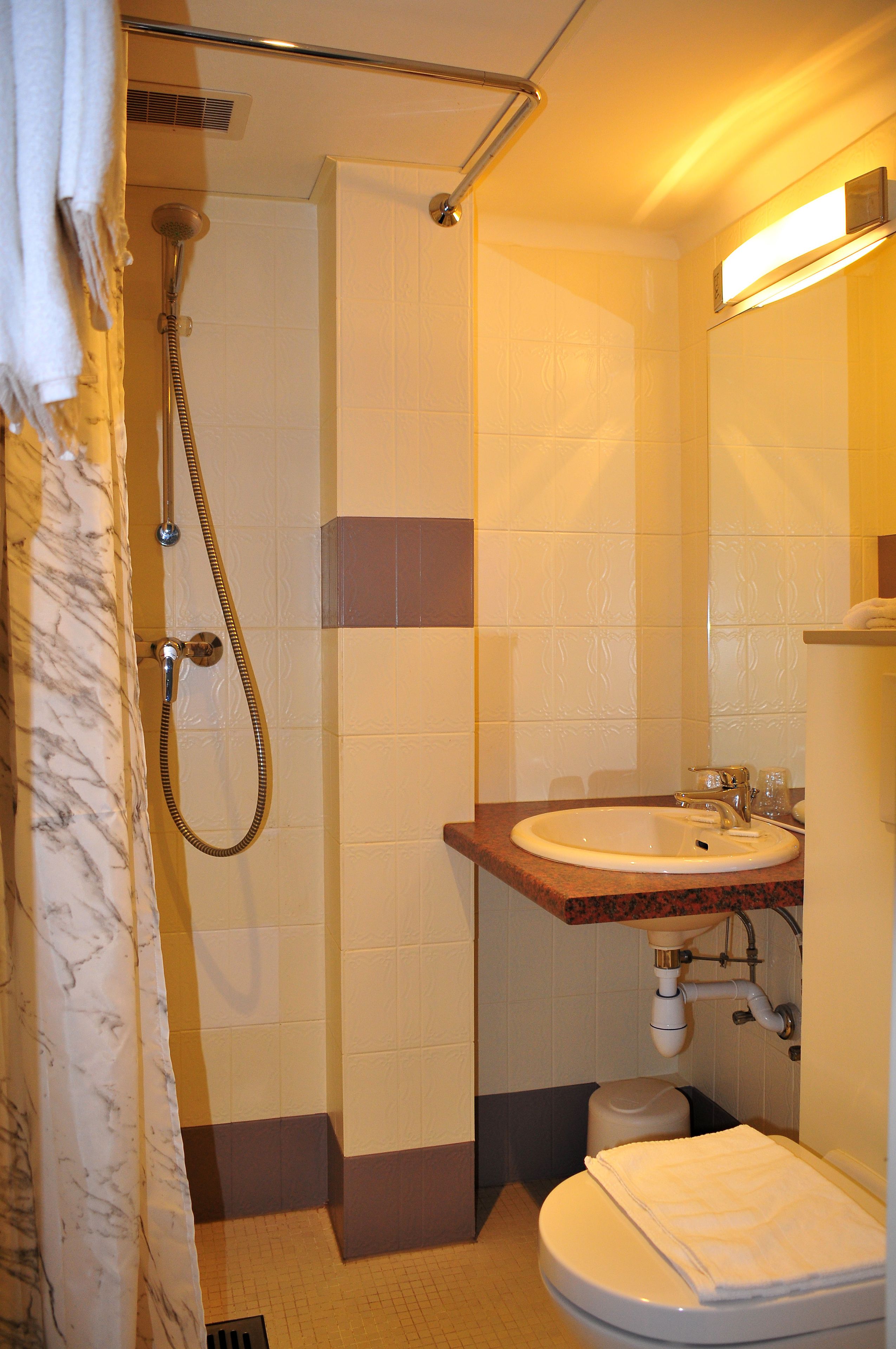 classic single room, valley view | bathroom | shower, towels, soap, toilet paper