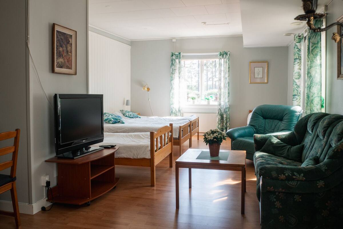 Quarto com uma cama, televisão, sofá verde, mesa de madeira e janela com cortinas.