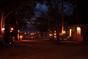 A nighttime scene with trees and a small building with lights.