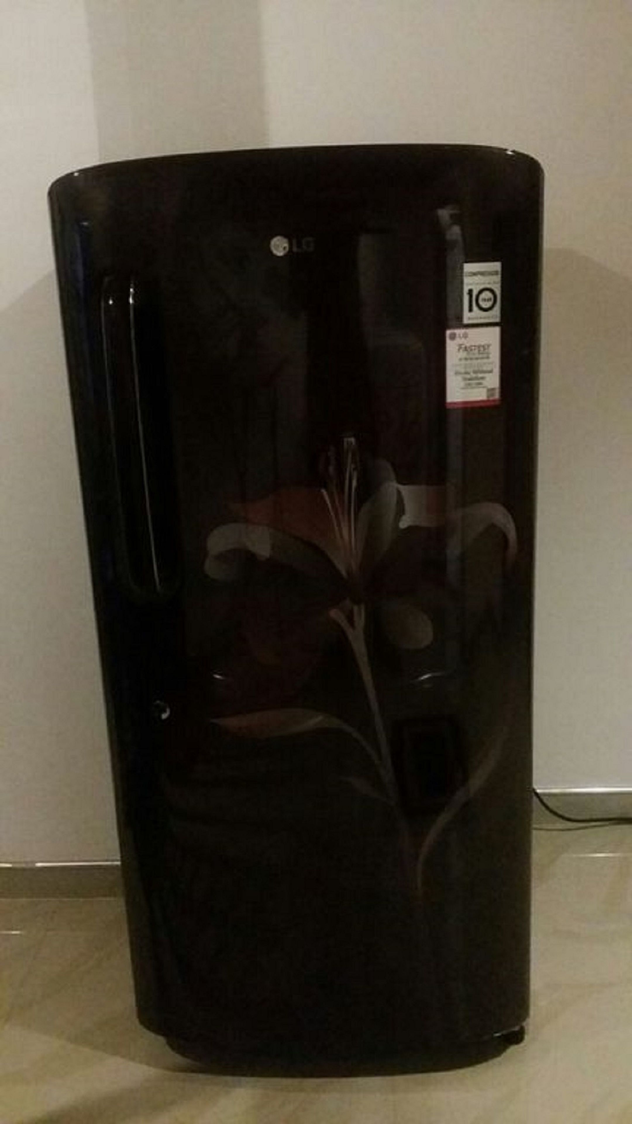 A black refrigerator with a sticker indicating it is 10 years old.