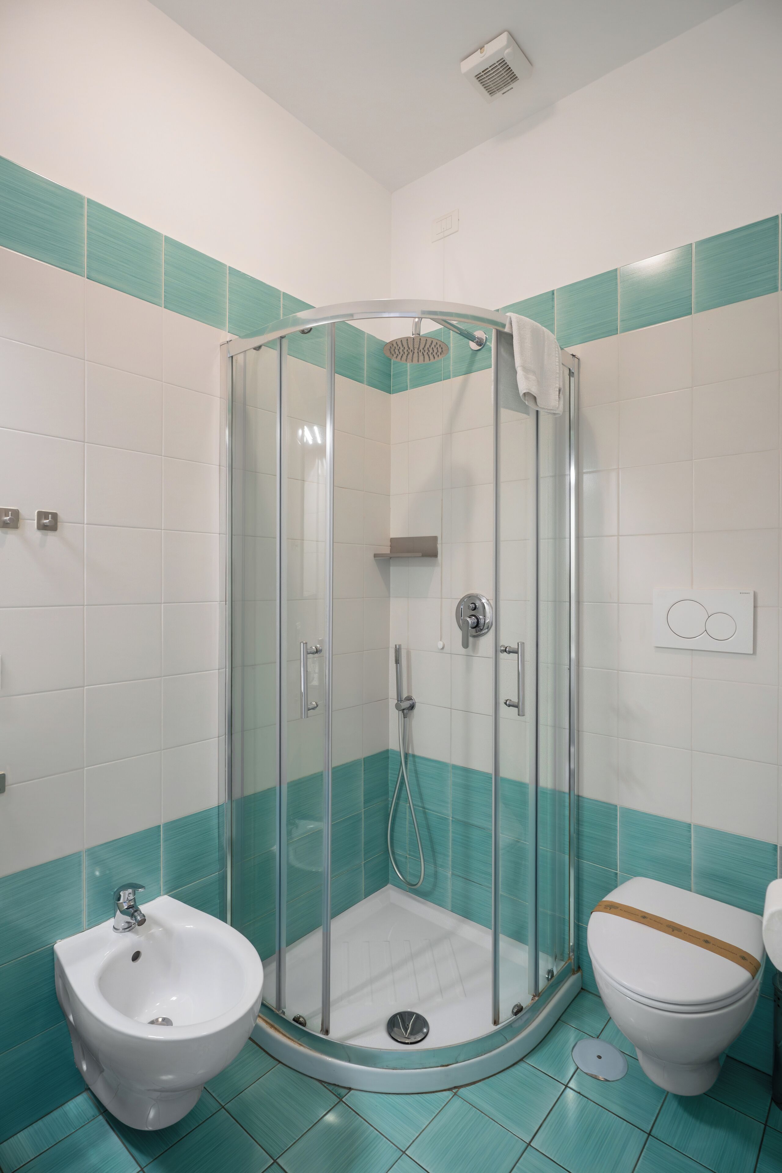 Une salle de bain avec une douche à parois de verre, un bidet et des toilettes.