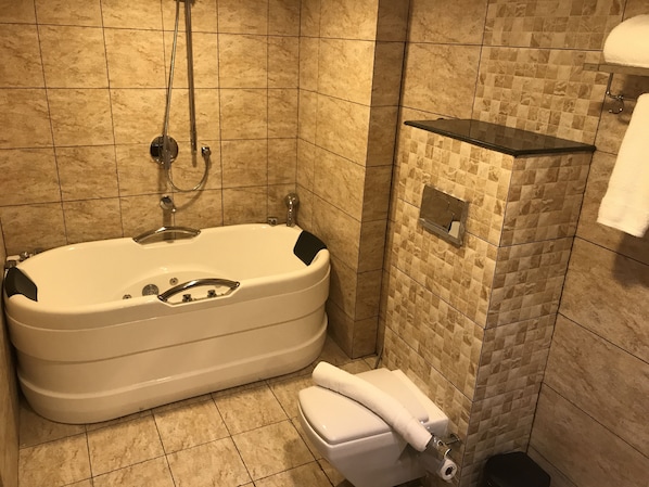 A bathroom with a freestanding bathtub, a toilet, and a shower area. - Hotel Karthika Park (Thiruvananthapuram)