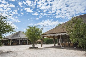 A sandy outdoor area with thatched-roof structures, some with tables and chairs, and a few trees.