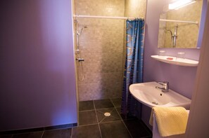 A bathroom with a shower, a sink, and a mirror. - Hôtel de Bâle (Bantzenheim)