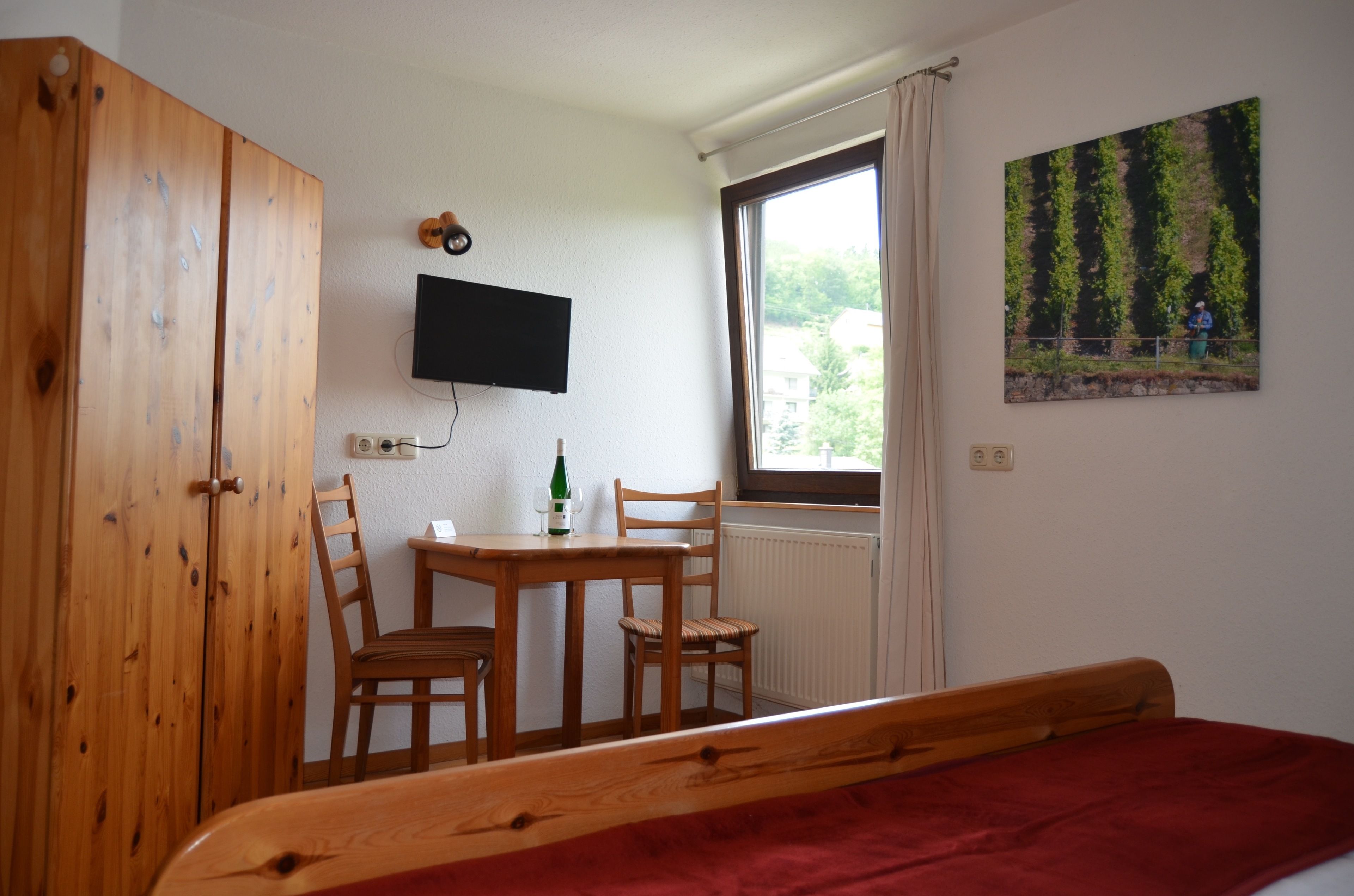 A room with a bed, a wooden wardrobe, a table with chairs, a TV mounted on the wall, and a window with a view of greenery.