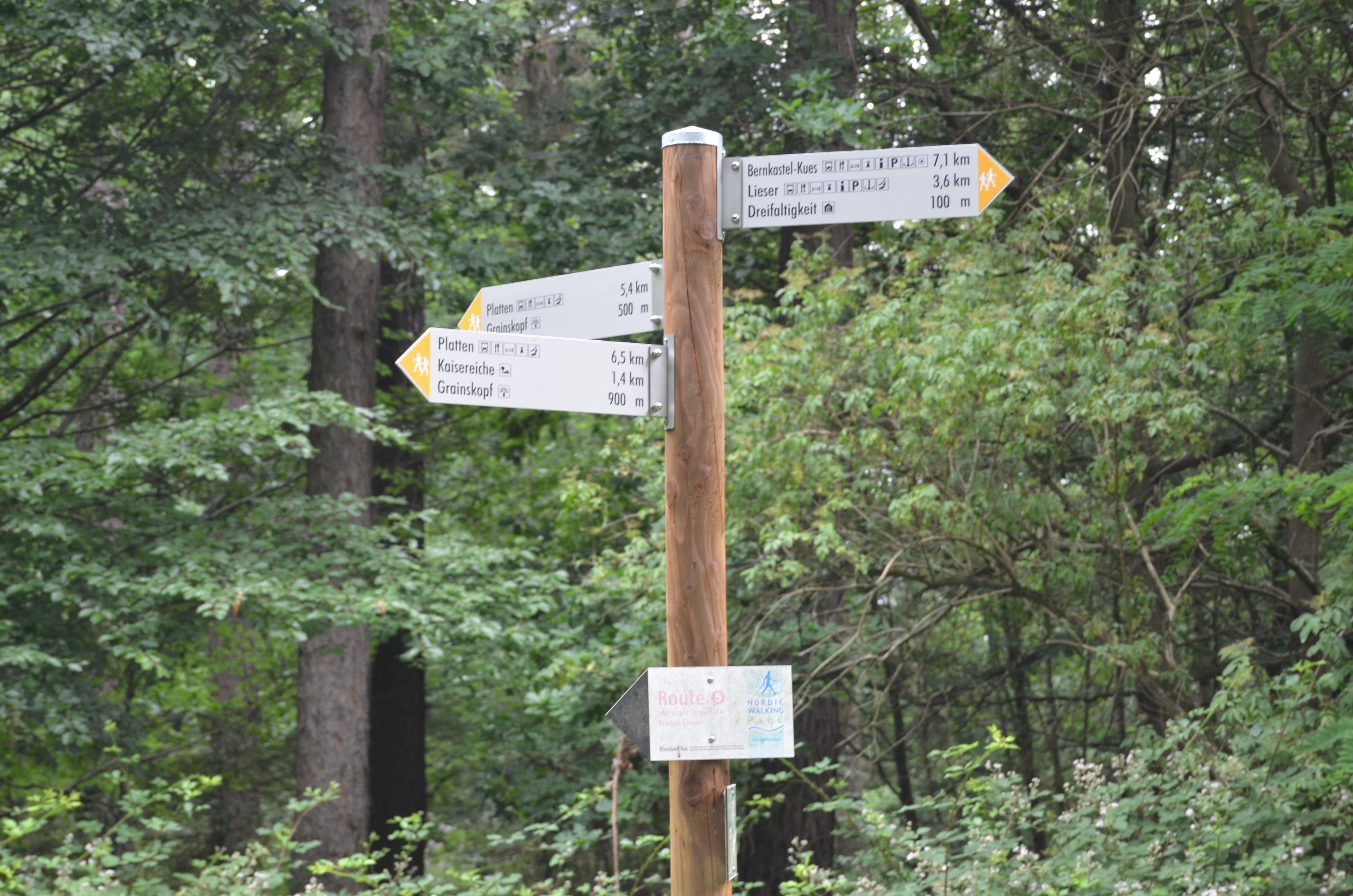 Ein hölzernes Wegweiser mit Beschilderung in einem bewaldeten Gebiet.