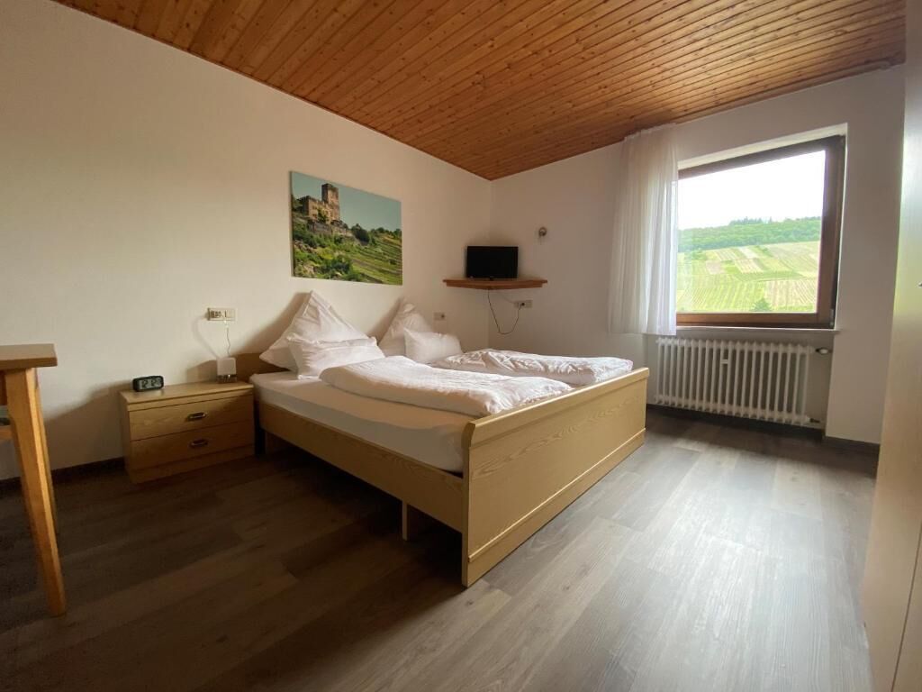 A bedroom with a wooden bed, a nightstand, a wall-mounted TV, and a window with a view of fields.