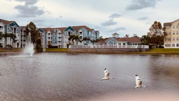 A residential area with multi-story buildings and a fountain in the foreground. - WATER VIEW*4 Bedroom/Elevator/5 Star Condo* DISNEY Area (Kissimmee)