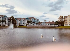 A residential area with multi-story buildings and a fountain in the foreground. - WATER VIEW*4 Bedroom/Elevator/5 Star Condo* DISNEY Area (Kissimmee)