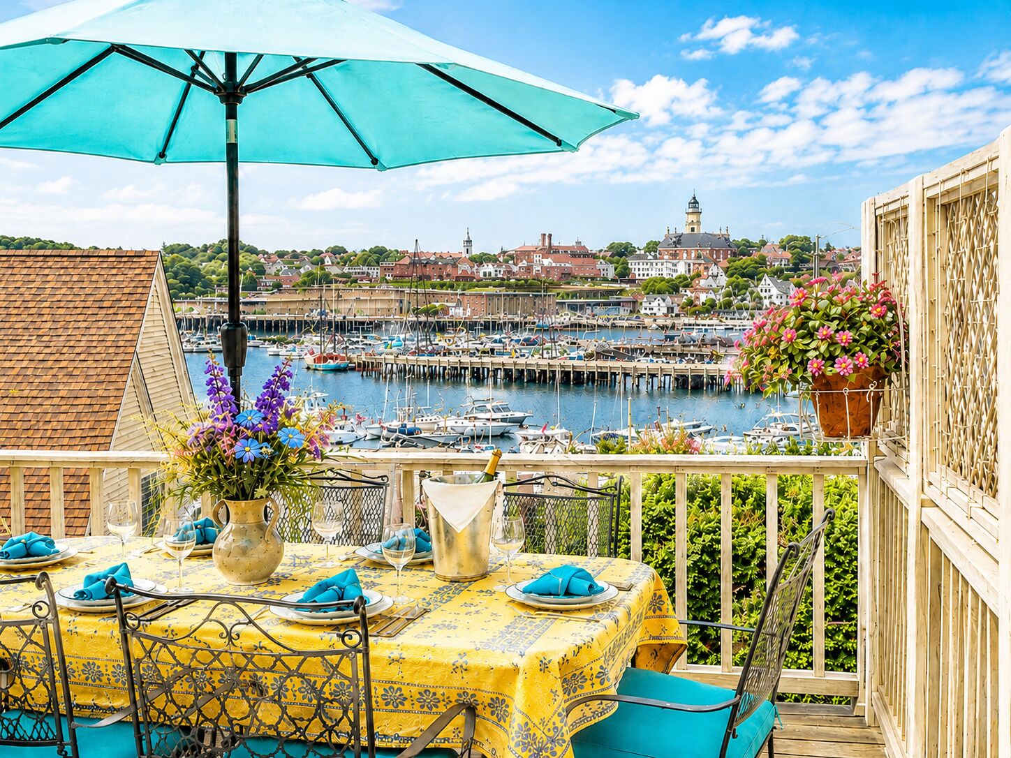 A dining table set with blue napkins and a vase of flowers, overlooking a marina with boats and buildings.