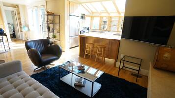 Smart TV, fireplace, books, music library