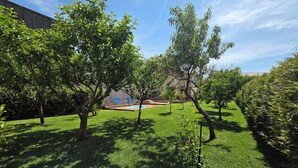 Un área verde bien cuidada con árboles, una piscina y un edificio al fondo.