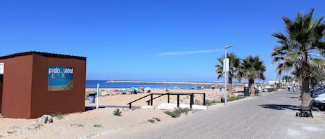 Een strandboulevard met een bord waarop "Praia do Vial" staat, een verharde looppad, palmbomen en de zee op de achtergrond.