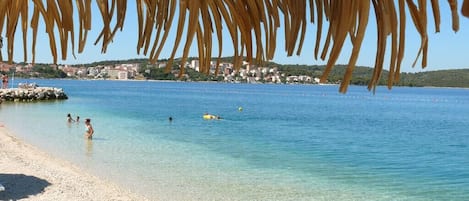 On the beach, sun-loungers, beach towels