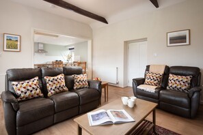 Smart TV, fireplace, DVD player, books