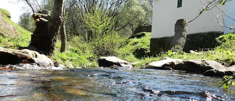 A clear stream flowing through a natural landscape with rocks and greenery, a white building with a tiled roof, and trees in the background.