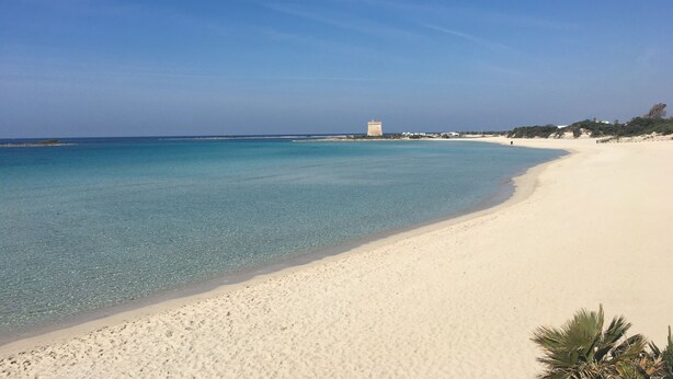 Une plage à l’eau turquoise et limpide, au sable blanc, avec une structure en forme de tour qui se dessine à l’horizon.