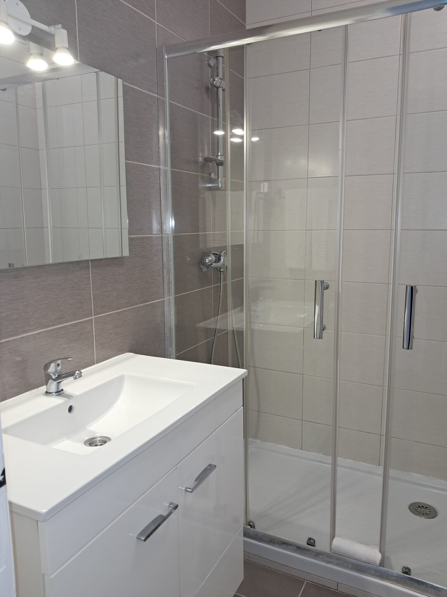 Une salle de bain moderne avec une douche à parois de verre, un lavabo blanc et un grand miroir.