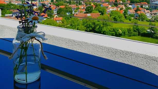 A clear view of a town from a balcony with a vase of flowers in the foreground. - Ansbachs City Apartment (Ansbach)