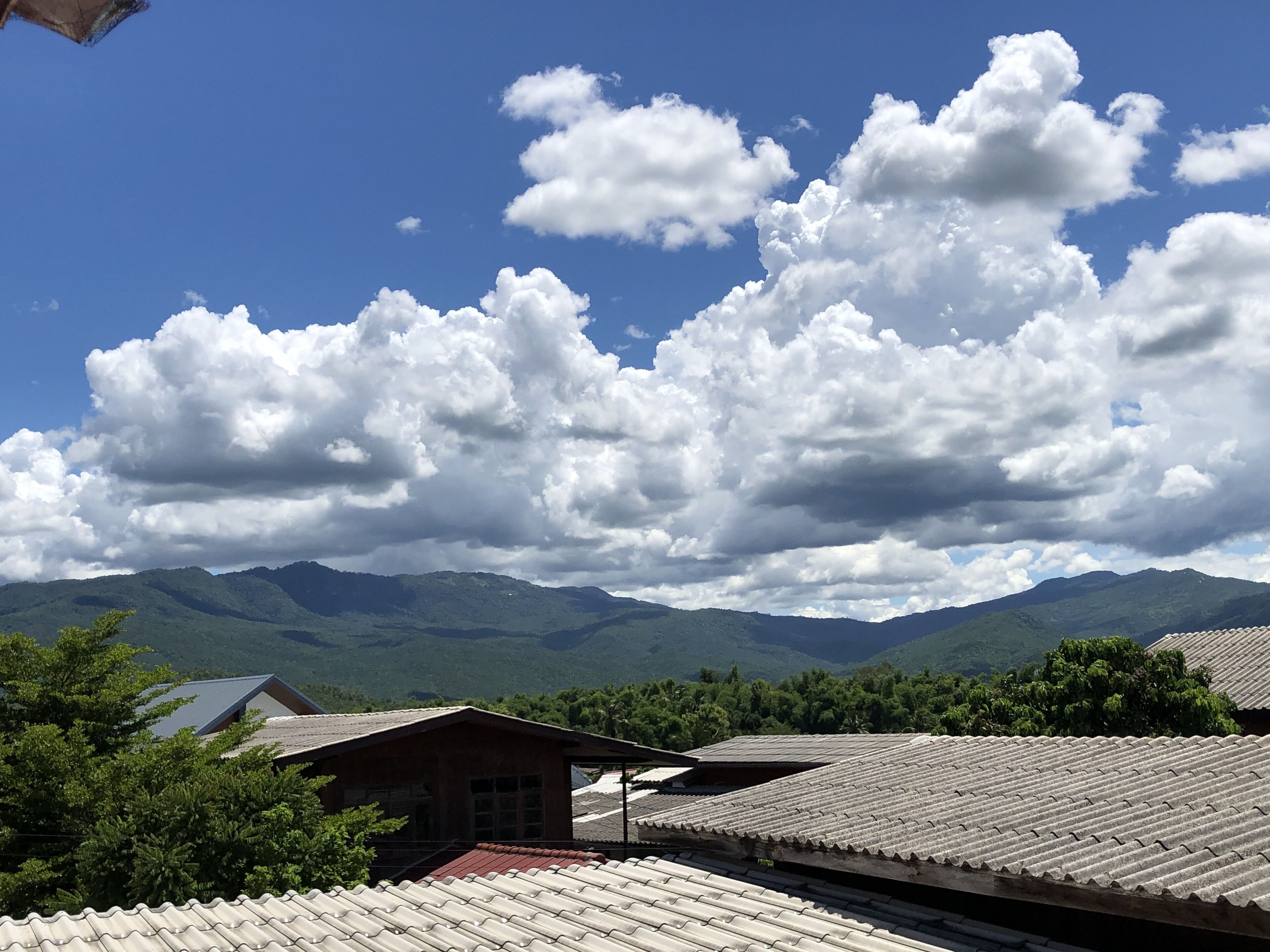 A traditional building with a tiled roof, surrounded by lush greenery and mountains in the background.