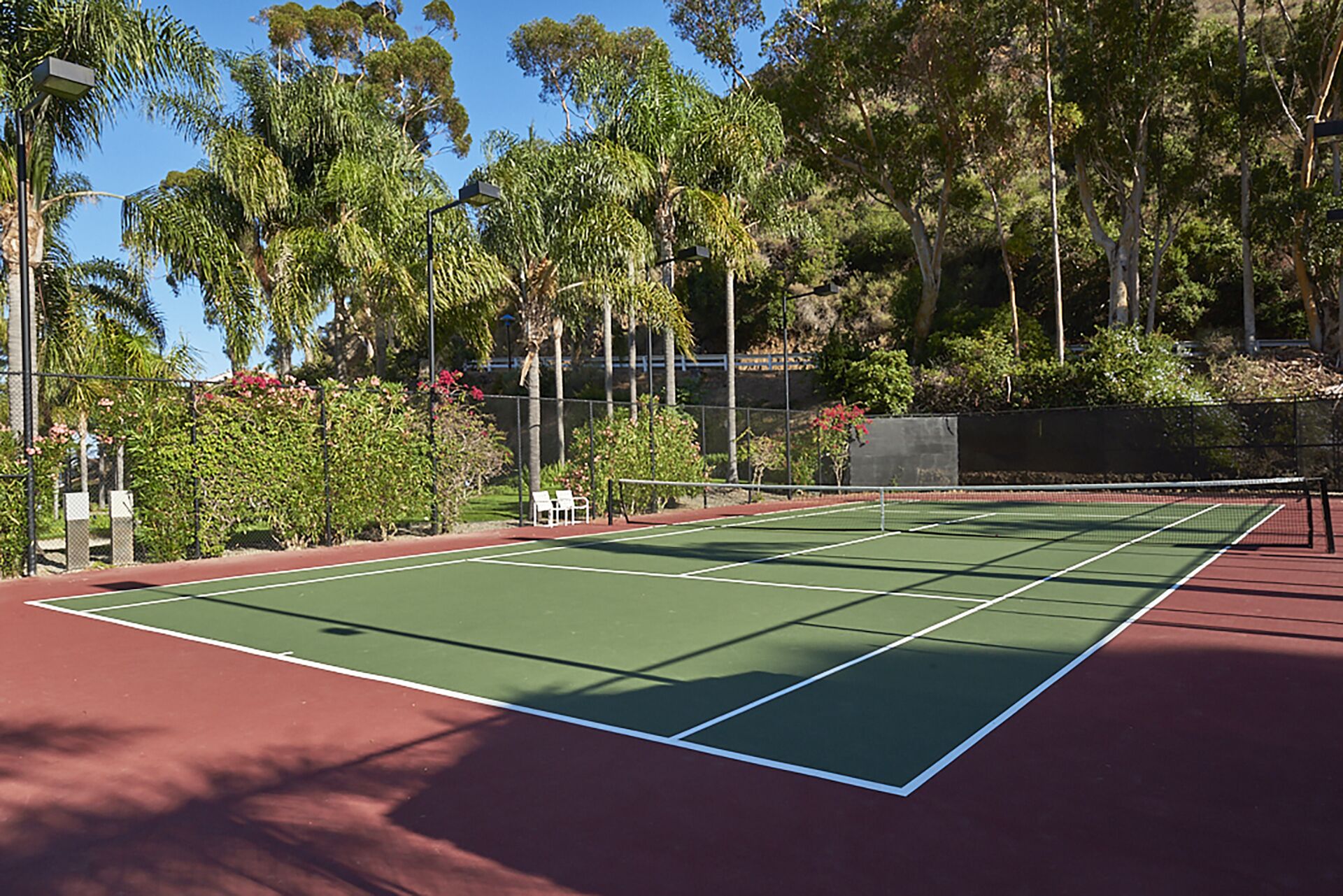 A tennis court with a red surface, surrounded by trees and a fence.