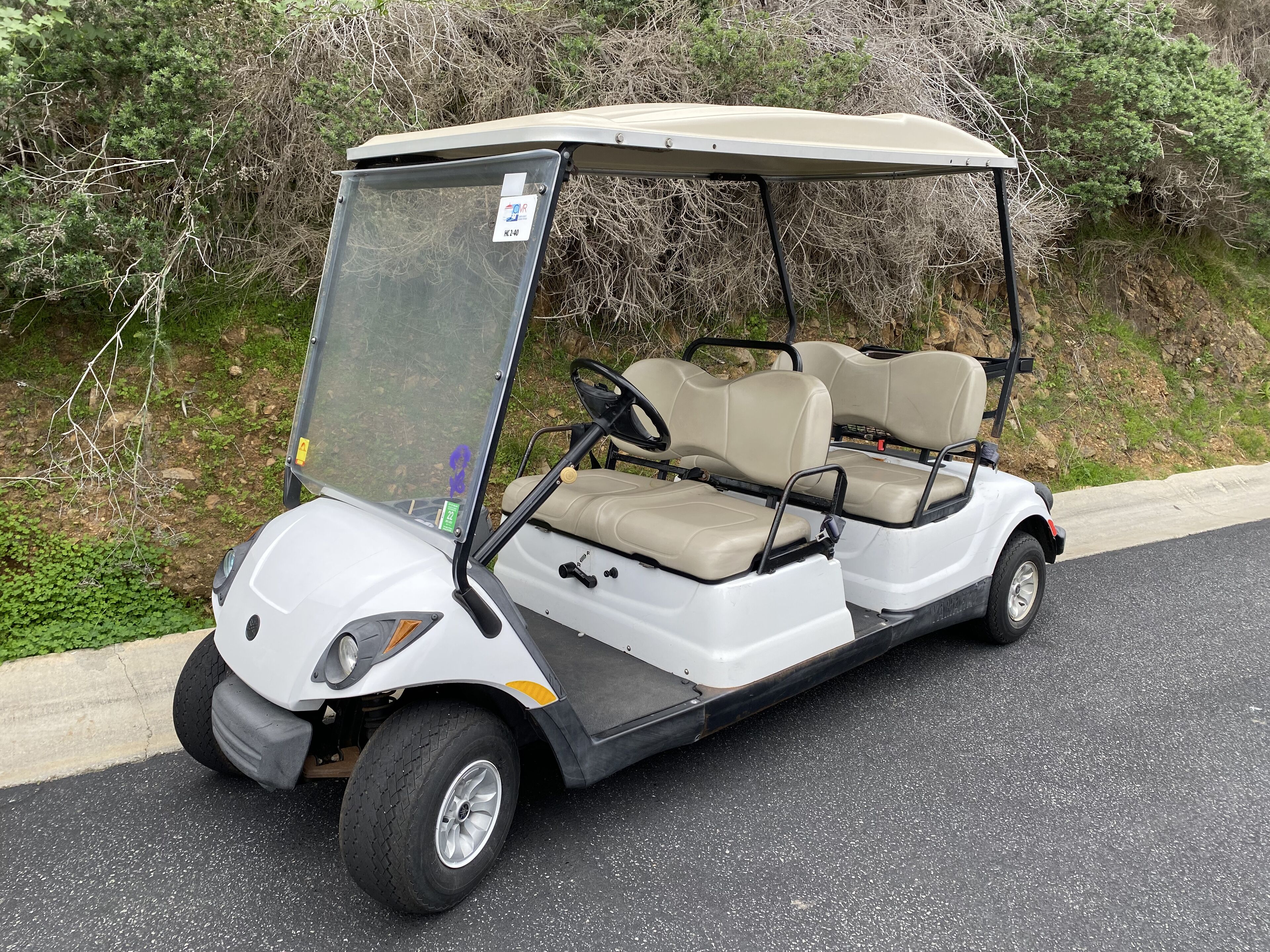 A golf cart with a beige canopy and two seats, parked on a road with greenery in the background.