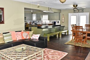 Smart TV, fireplace, DVD player, foosball