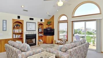 Smart TV, chimenea, reproductor de DVD y libros
