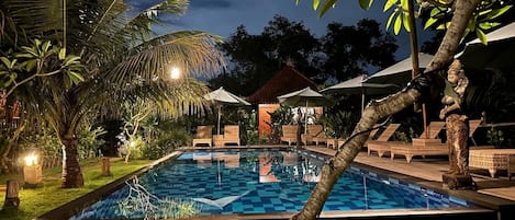 Outdoor pool, pool umbrellas, pool loungers