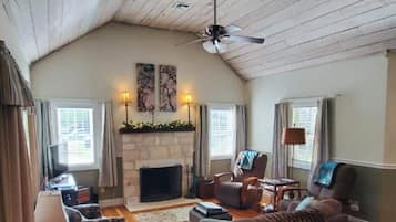 Smart TV, chimenea, reproductor de DVD y libros