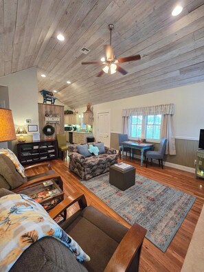 Smart TV, fireplace, DVD player, books