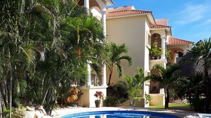 Une piscine à bord incurvé, entourée de palmiers et bordée d’un bâtiment dont le toit est recouvert de tuiles.