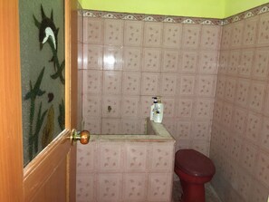 Une salle de bain avec des toilettes rouges, un lavabo doté d’un distributeur de savon et un motif décoratif en carreaux sur les murs.