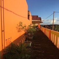 Un sendero estrecho bordeado por paredes anaranjadas y plantas en macetas, que conduce a un edificio con techo de tejas rojas.