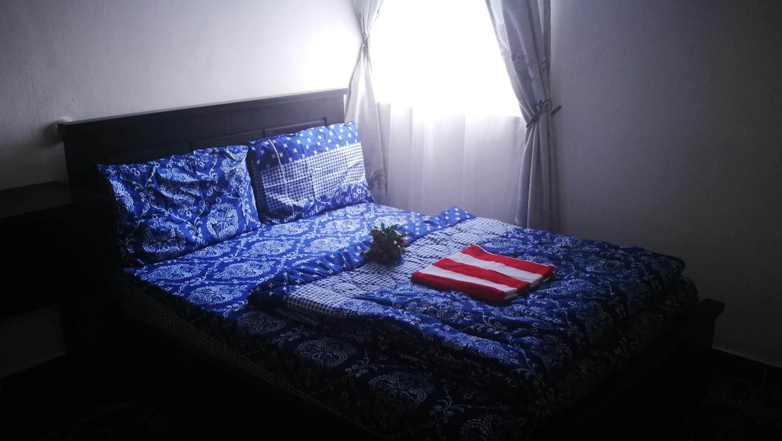 A bed with a patterned blue bedspread and pillows, a small plant, and a red and white striped item on the bed.