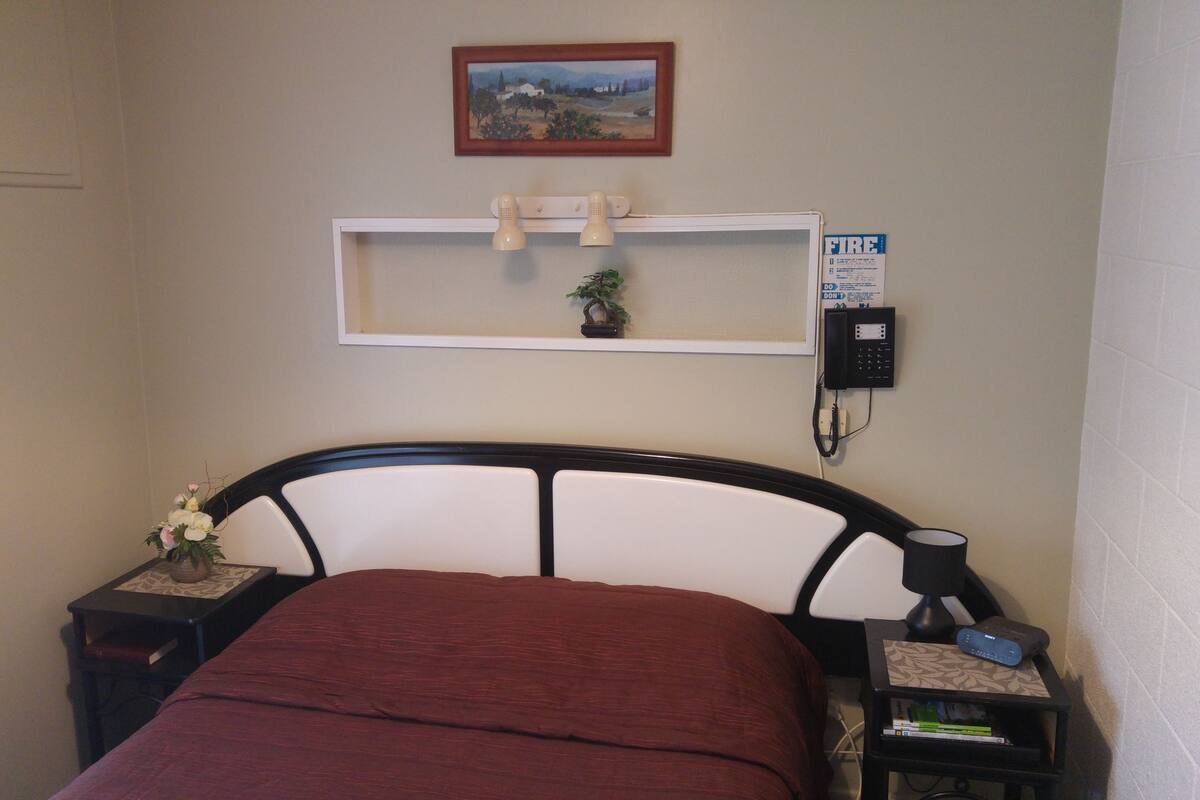 A small, simple room with a bed, a nightstand, a bedside table, a wall-mounted shelf, a small plant, a fire alarm, and a painting on the wall.