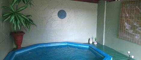 Un hidromasaje pequeño en interior con borde azul, una planta en maceta y una pared decorativa con diseño circular.